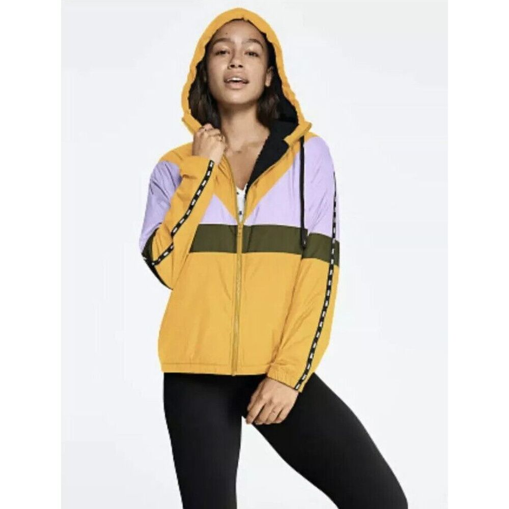 Victorias Secret Pink Sherpa Lined Campus Yellow Colorblock Anorak Hoodie XS/S‎